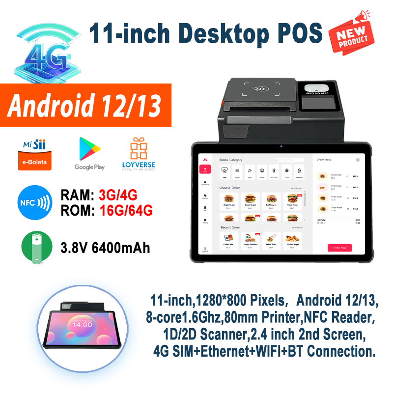 Terminal POS Android 12 de 11 pulgadas con impresora de 80mm 3G + 16G/4G + 64G POS Loyverse de escritorio, escáner 2D, red 4G WIFI BT