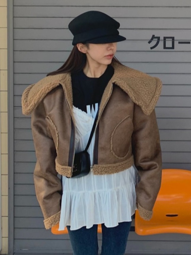 肥厚ラムファーショートジャケットジッパー統合 Pu レザー女性の冬のコート大きな襟アウター韓国スタイル