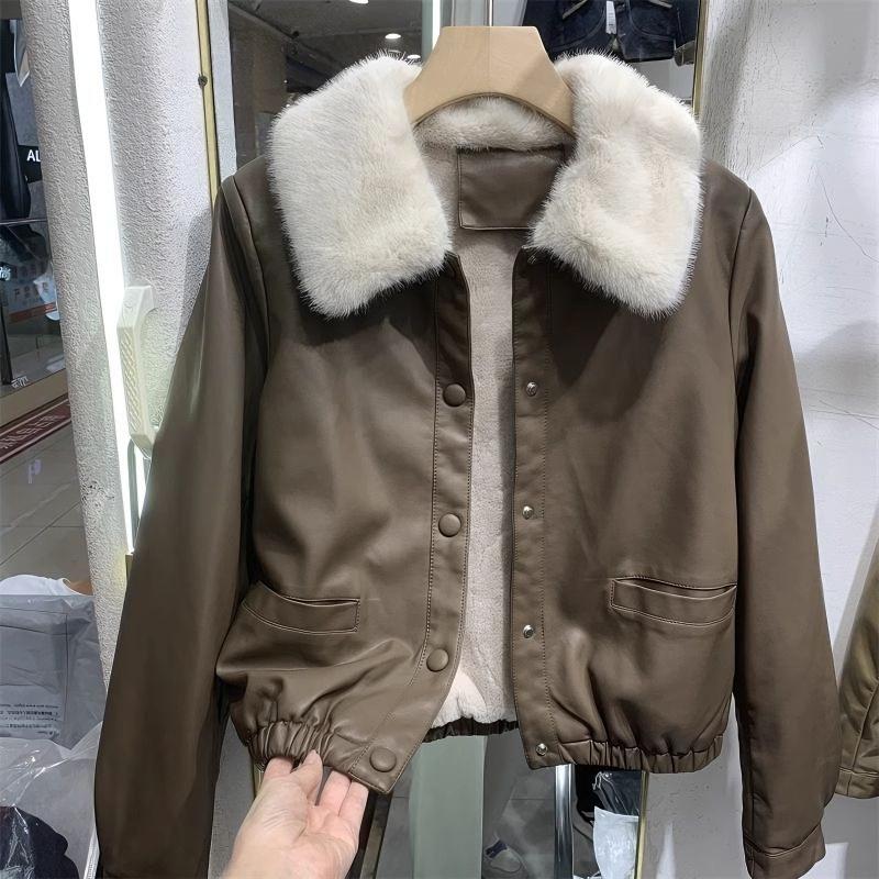 American Sle Fleece Lined PU Leather Jacket Women Thickened Short Coat Autumn Winter New Sle High Sensation Small Size Fu...