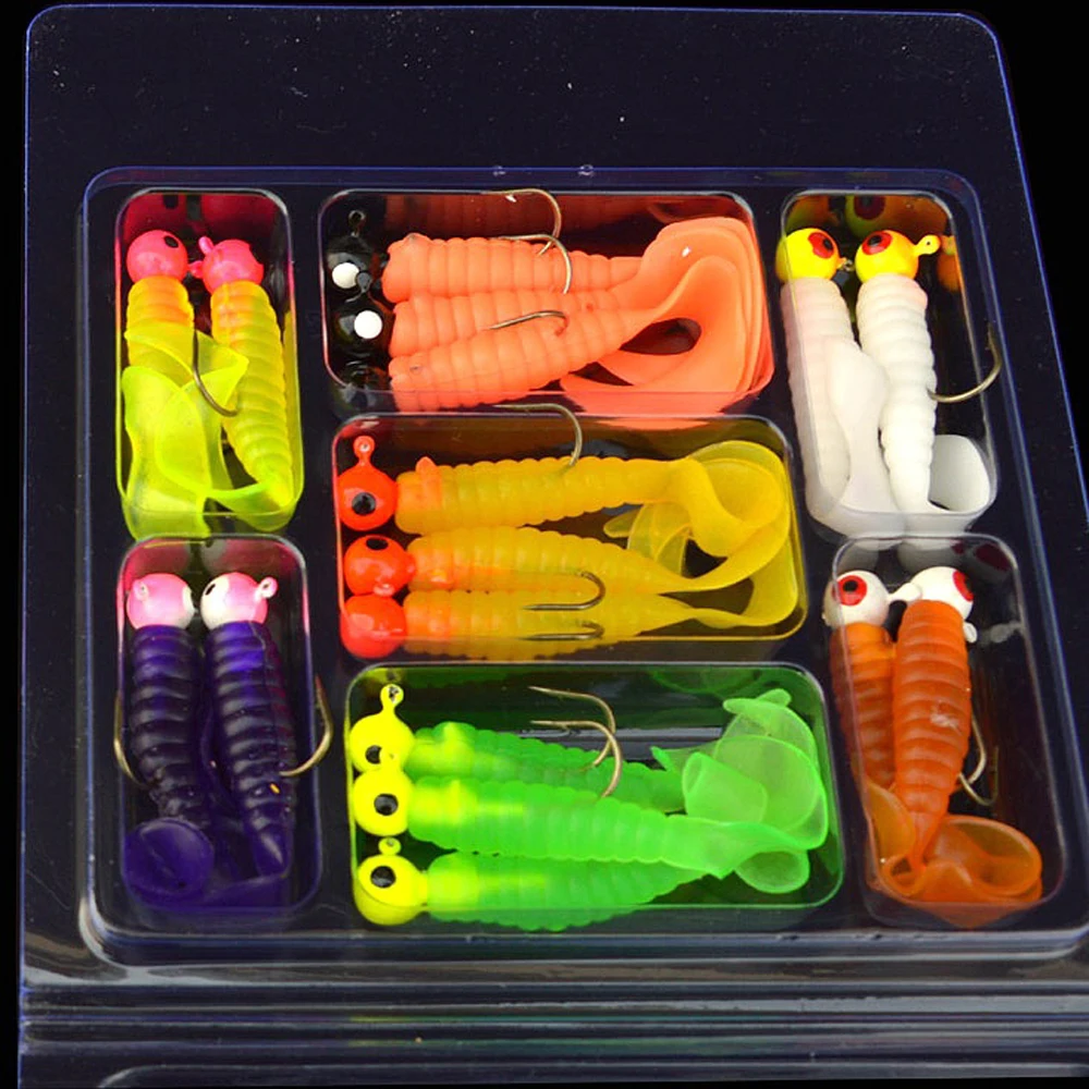 34 Uds 1 Juego 17 Uds anzuelos de pesca con cabeza de anzuelo de Metal + 17 Uds señuelo de gusano suave larva pez de silicona aparejos de cebo Artificial