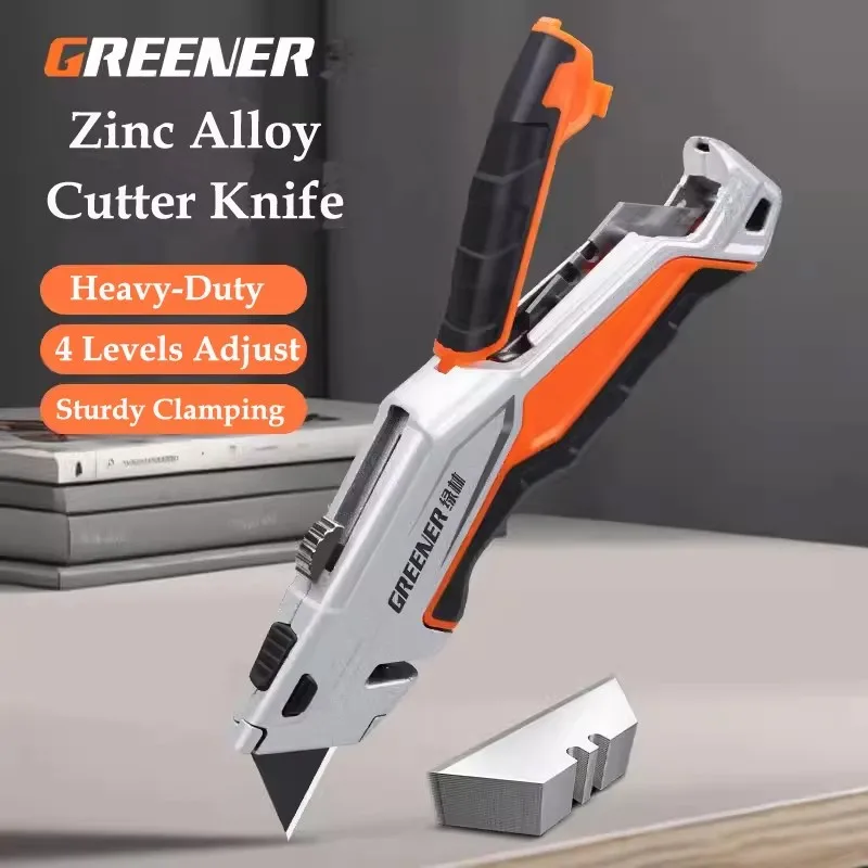 Greener SK5 Utility Knife Zinc Alloy Grip Triple Retractable Design 3 Blades Free Industrial Grade High Efficiency Cutting Tools