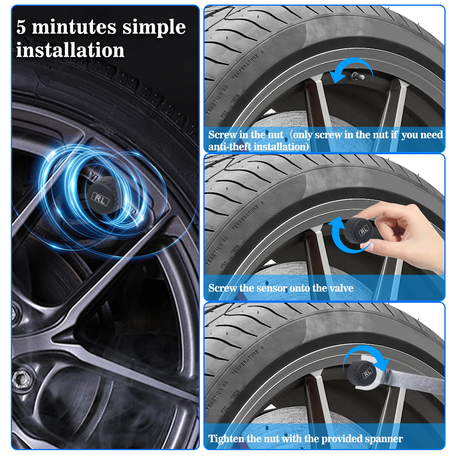Sensor De Pressão Solar Do Pneu TPMS, sistema De Monitoramento De Pneus De Carro, Sensores Externos Internos De 4 Rodas, TMPS
