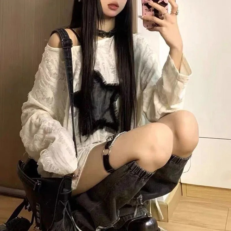 Y2K Gat Sterrenprint T-shirt Vrouwen Mode Streetwear Off Schouder Tops Zomer Oversized Kpop Lange Mouw Losse Tees Dames Nieuw