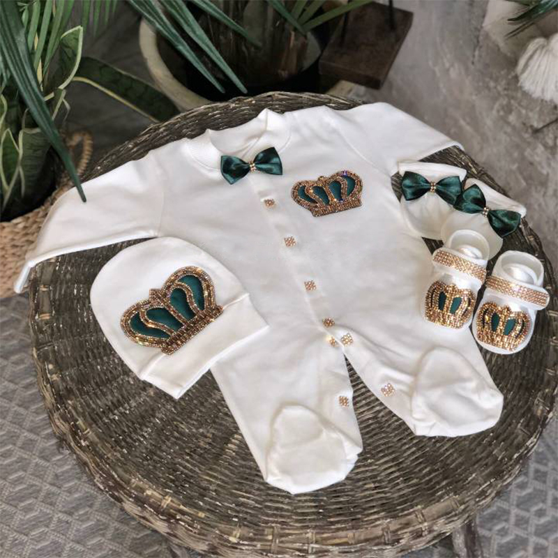 Dollbling Emerald Gold Crystal Luxe Baby Bling Romper Set Mijn 1e Kerst Fotografie 4 stuks Romper Hoed Wanten Schoenen Set