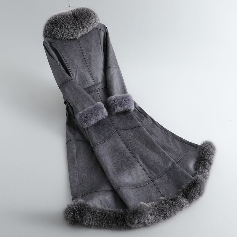 女性のためのウサギの毛皮の統合コート,ロング,本革,キツネの毛皮の襟,スリムフィット,冬,新しい,2023