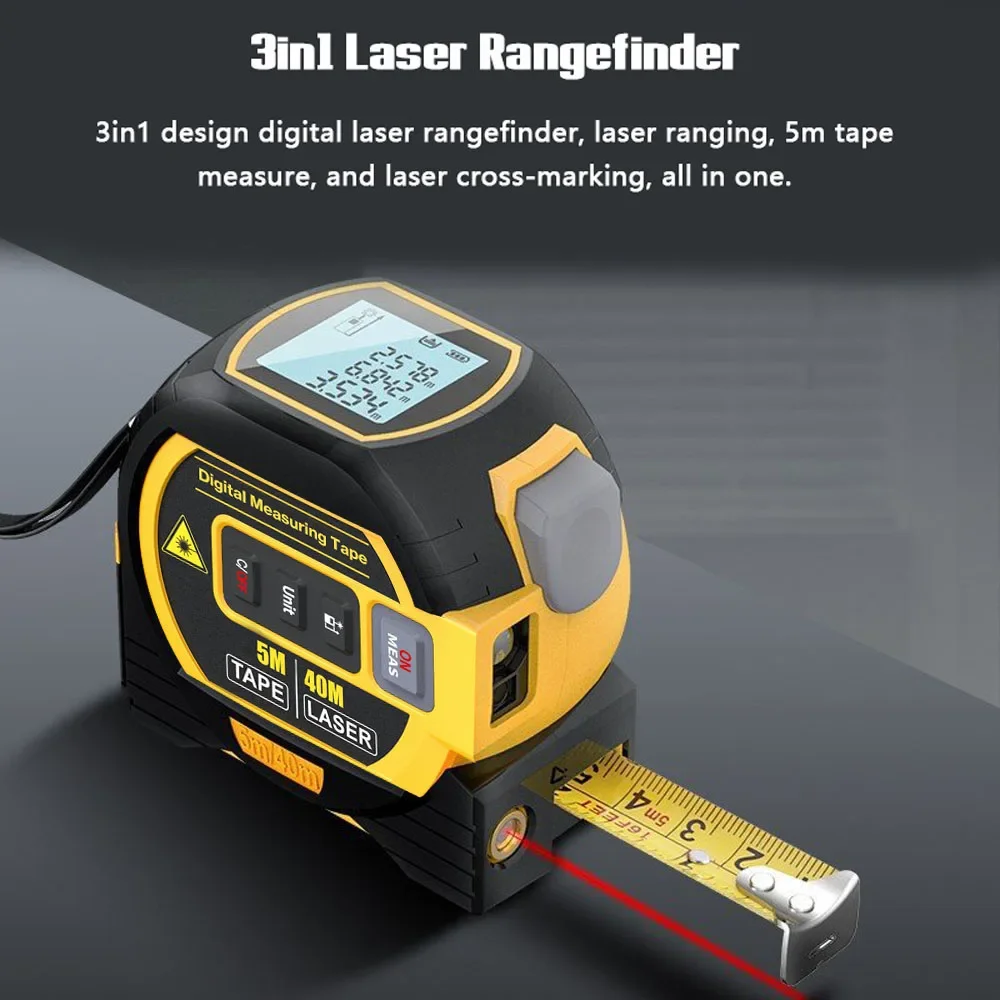 3 in 1 Laser Rangefinder 5M เทปวัดไม้บรรทัดจอแสดงผล LCD พร้อมเครื่องวัดระยะทางแบ็คไลท์อาคารอุปกรณ์วัด