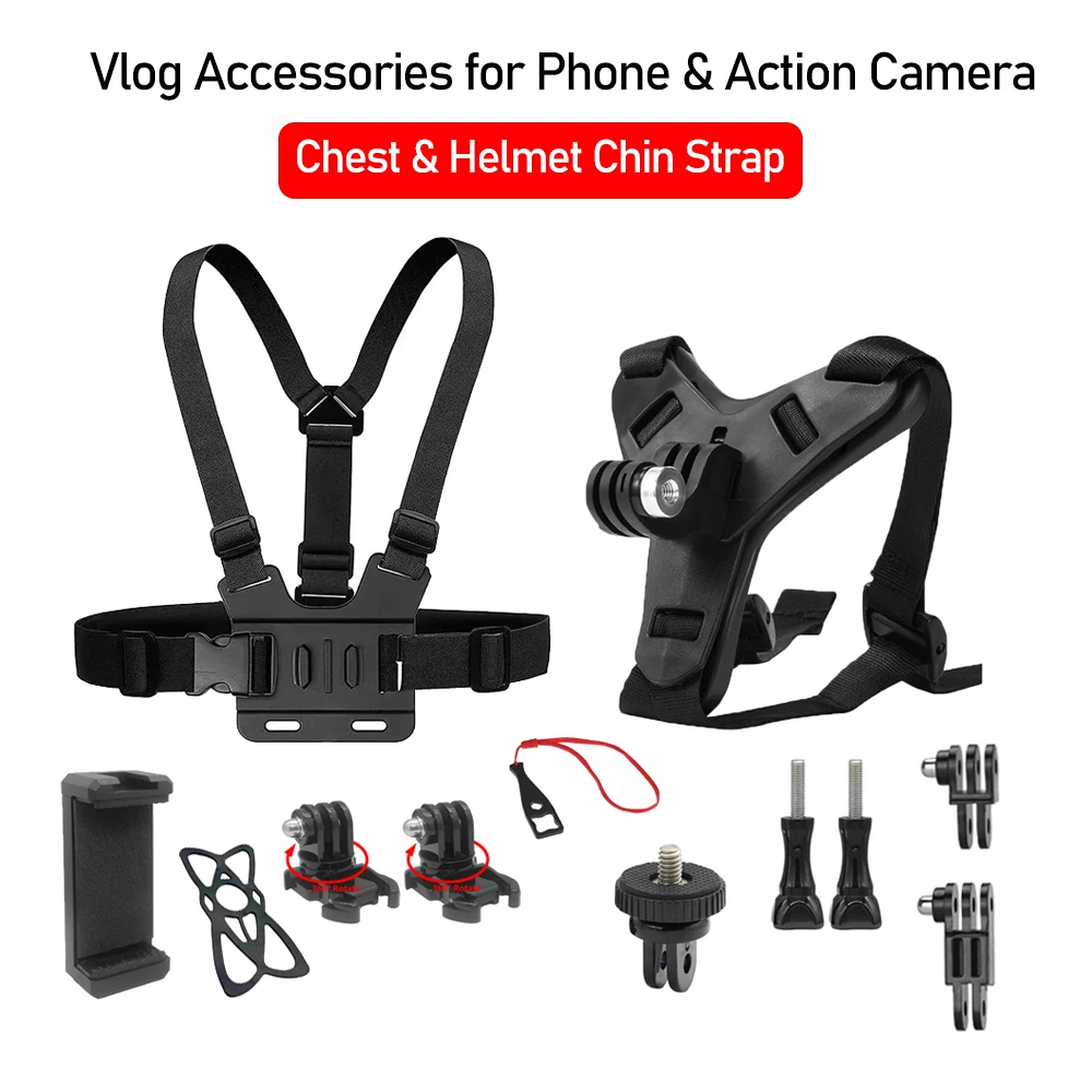 Kit de accesorios Vlog 12 en 1 para teléfono móvil y cámara de acción conducción al aire libre casco de motocicleta correa para la barbilla para GoPro Hero 12 11 9