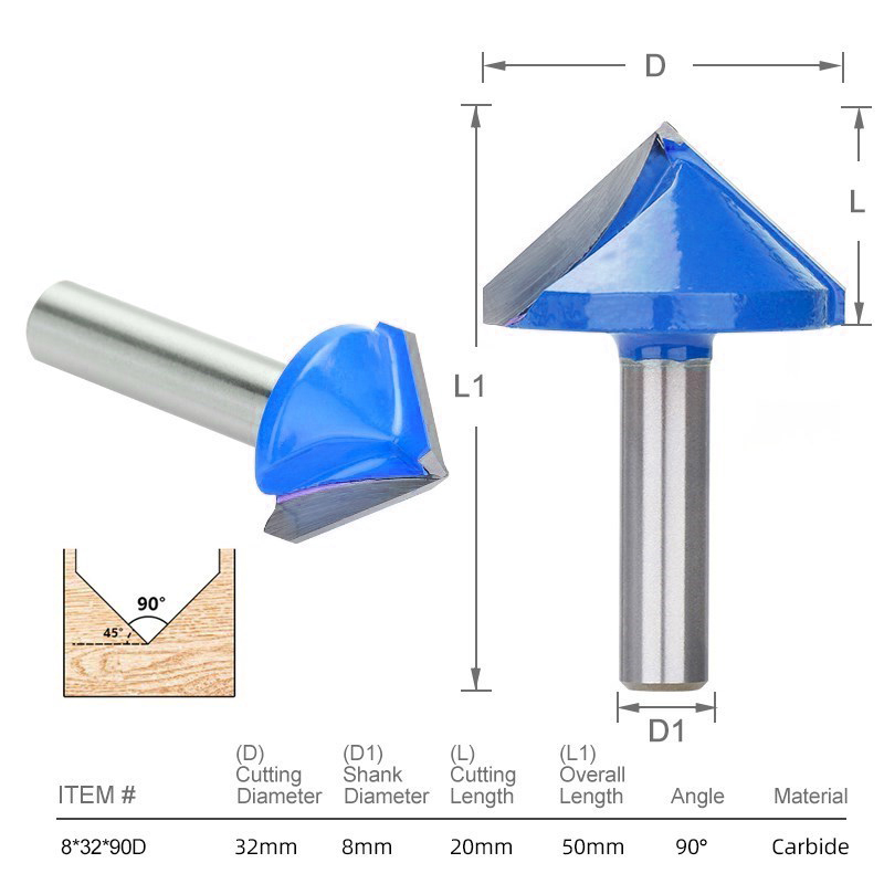 Xcan madeira router bit 8mm shank v forma 3d bit gravura 90 graus carboneto de diâmetro moinho de extremidade 22 32mm de madeira cortador de moagem