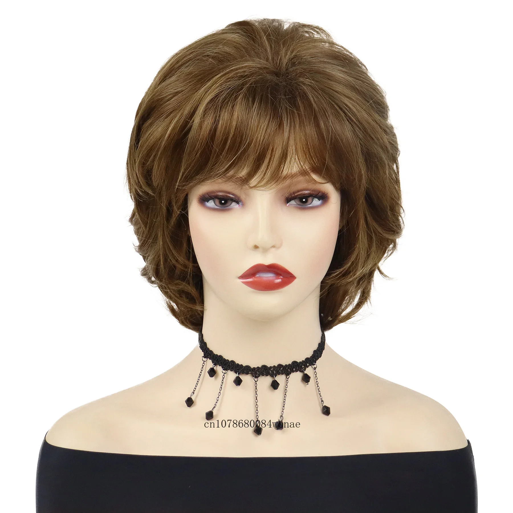 Moda feminina cabelo sintético fofo curto mix marrom encaracolado perucas com franja cachos mamãe peruca resistente ao calor traje de festa diária