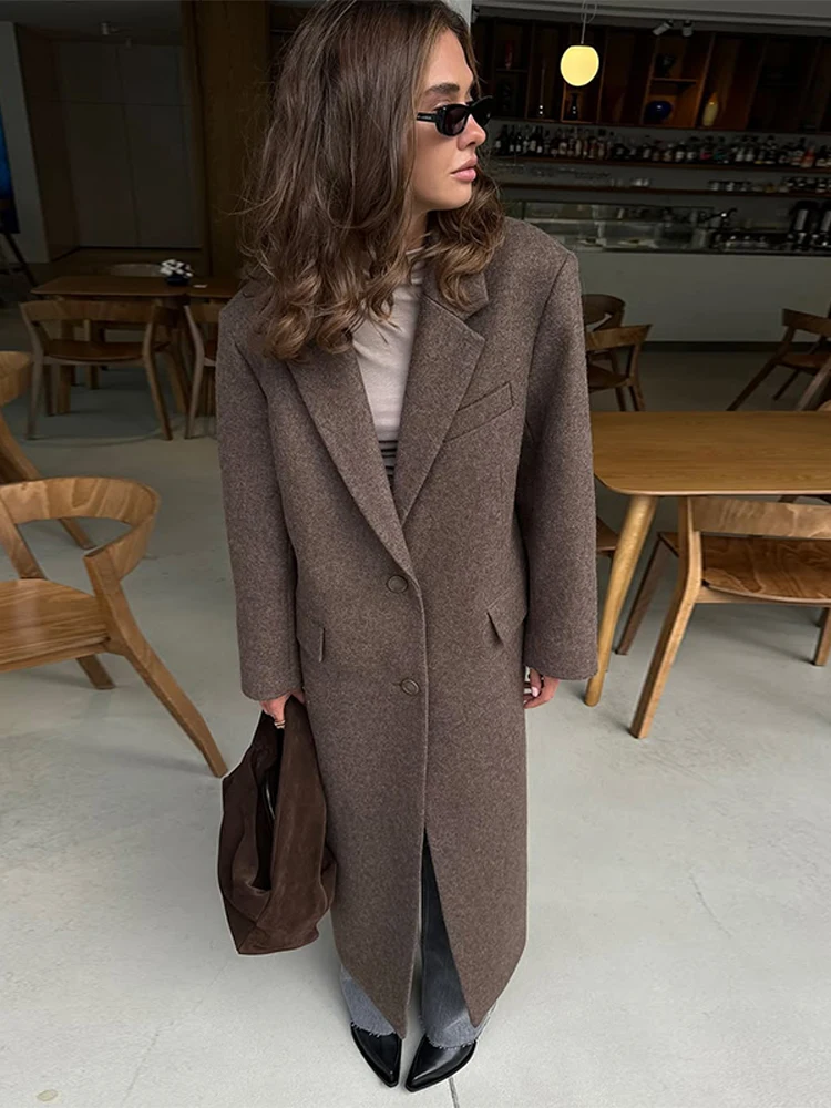 Mode Taille Cinching Woolen Lange Mäntel Für Frauen Revers Langarm einreiher Schulter Pad Mantel Neue Dame Pendler outwear