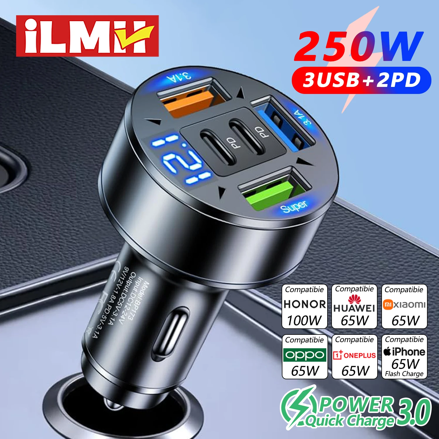 Carregador de carro 250W 5 em 1 PD QC3.0 Carregamento rápido USB C para iPhone, Samsung Galaxy, IPad Pro, adaptador de isqueiro multiportas