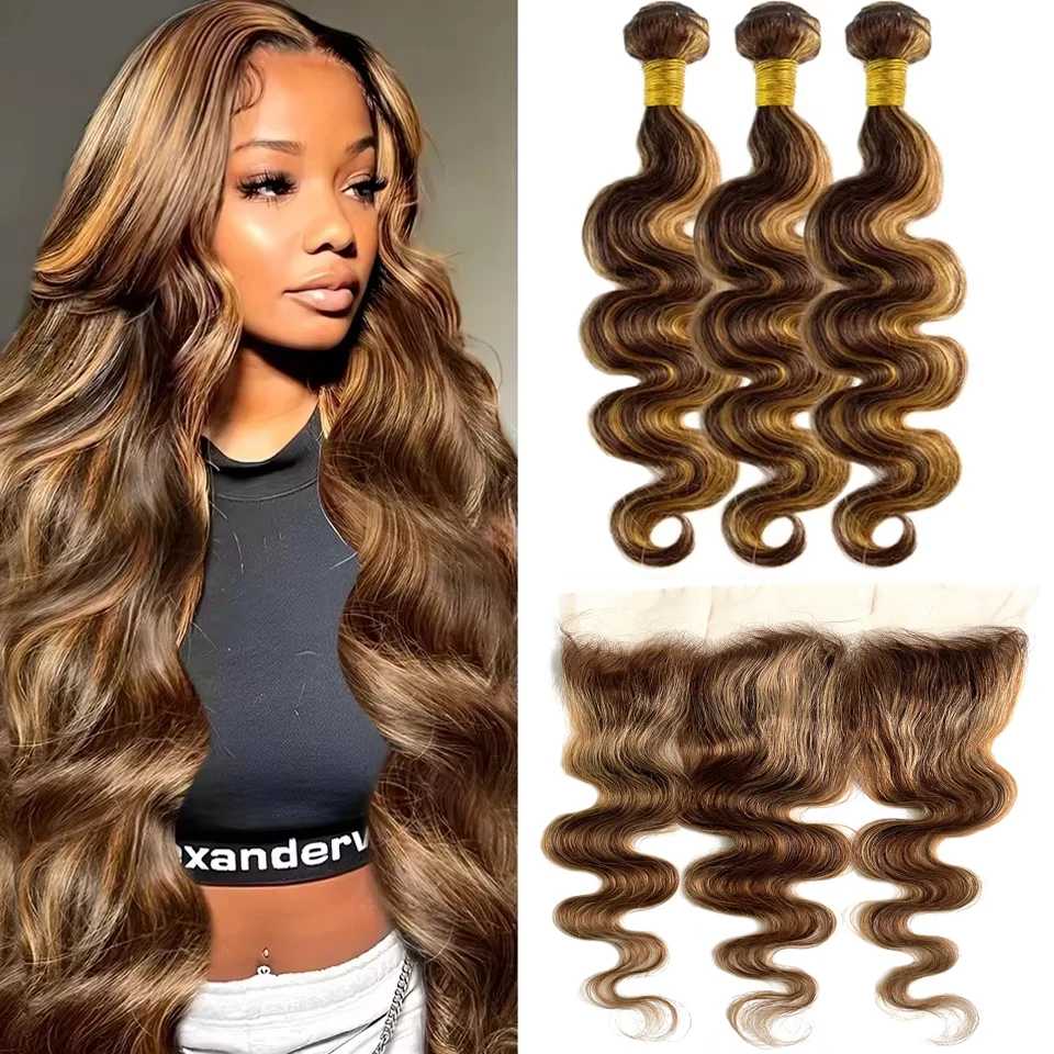 Destaque pacotes de onda do corpo com frontal mel loira p4/27 pacotes de cabelo onda do corpo extensões de cabelo humano com 13x4 laço frontal