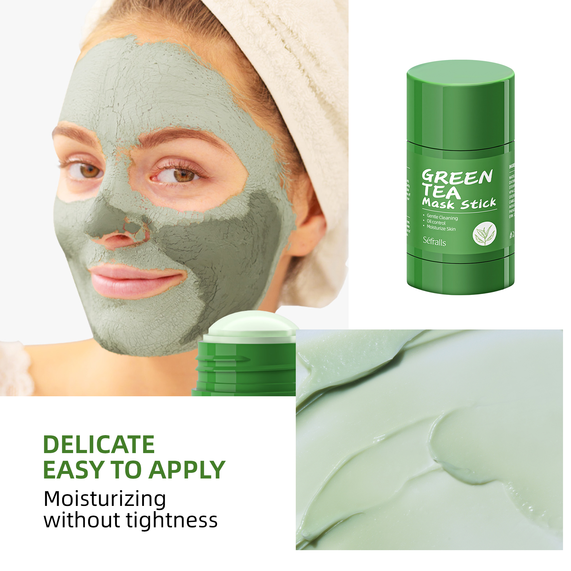 Séfralls – barre nettoyante au thé vert, 40g, rétrécit les Pores des points noirs, élimine les imperfections du visage collants, masque hydratant