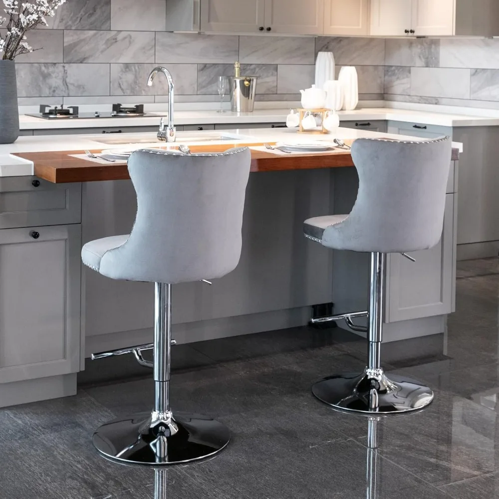 Set of 4 Gray Velvet Adjustable Swivel Bar Stools with Counter Height, Tufted Backrest, and Nailhead Trim for Kitchen Use