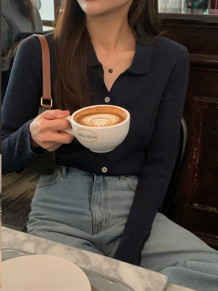 女性のポロネック長袖ストライプニットウェア秋 2023 新しいスタイル小さいサイズオープンカーディガントップスリムフィット韓国スタイル