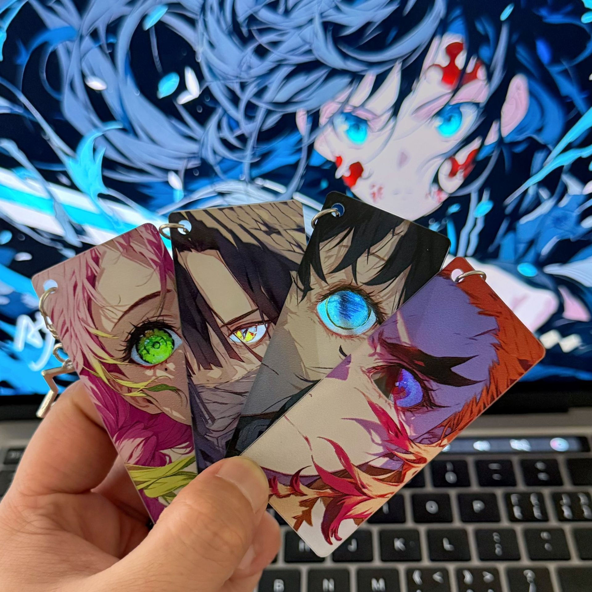 Anime Slayer Keychain Rengoku Kyoujurou Kimetsu No Yaiba Shining Eyes Double Sided Light-Transmitting Key Backpack Pendant