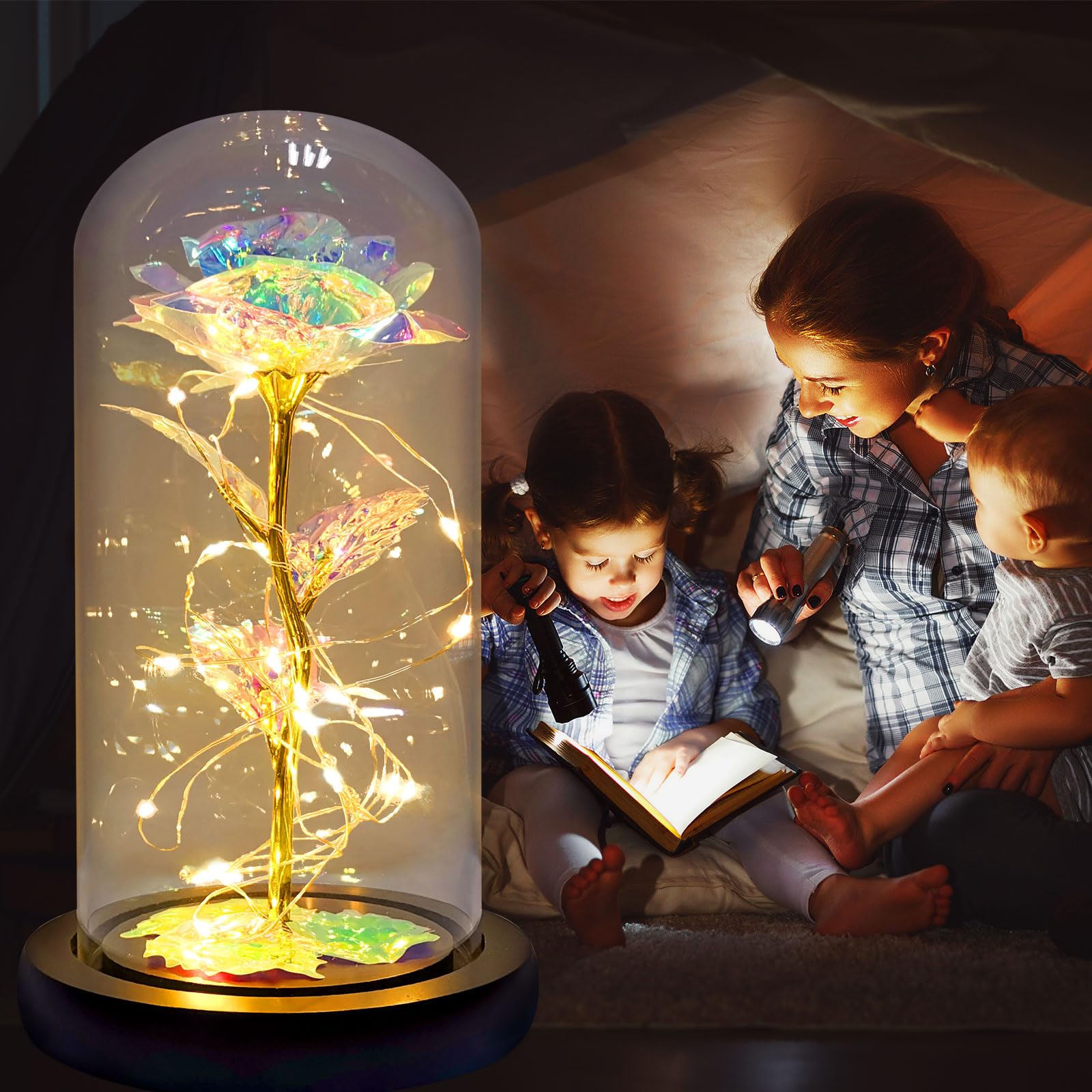 Flor de vidro artificial com rosa eterna da luz led para mulheres beleza e fera rosa presentes de aniversário para meninas natal