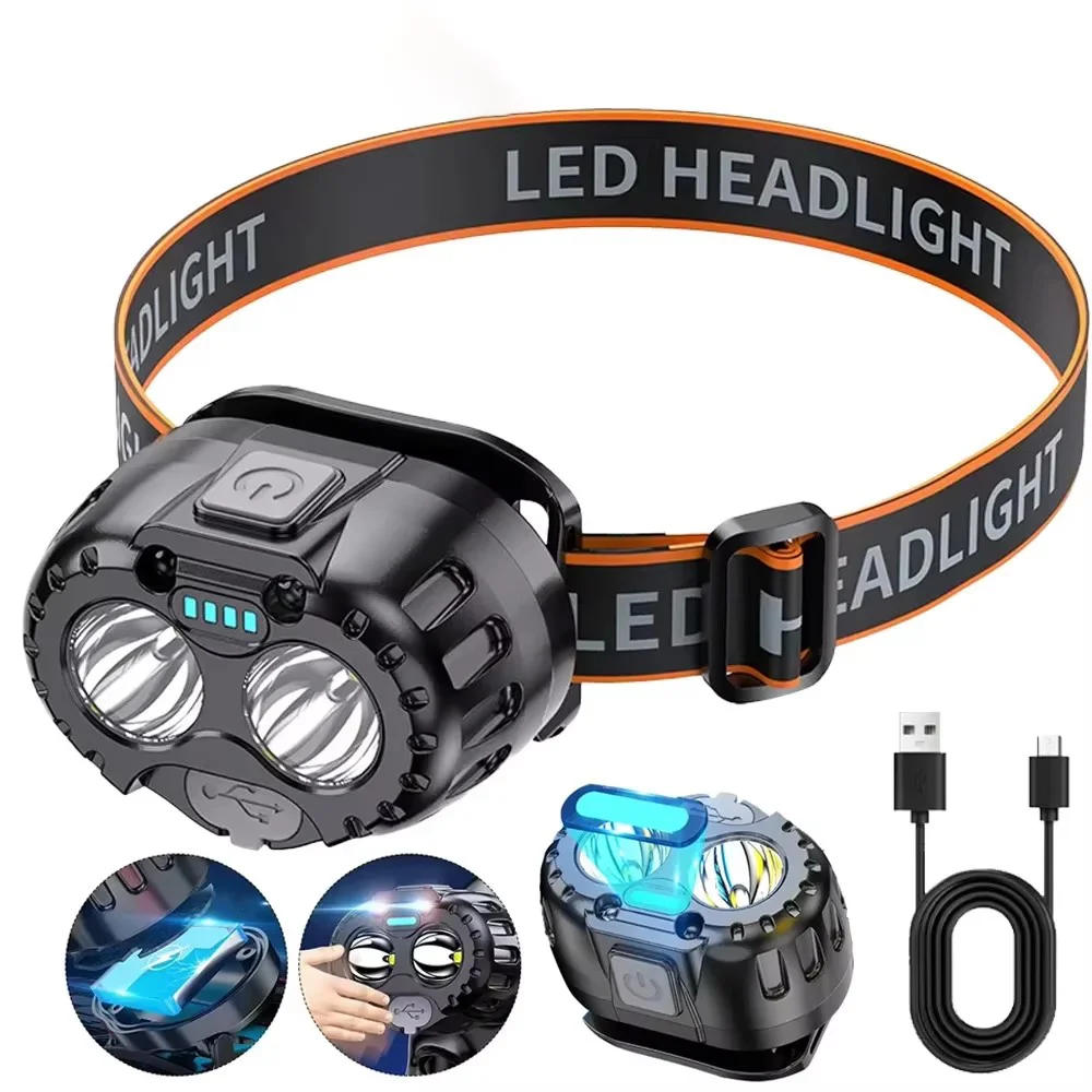 ไฟฉายคาดศีรษะฉุกเฉินเซ็นเซอร์ตรวจจับความเคลื่อนไหว LED ไฟฉายหน้าผากชาร์จ USB 250LM XPE ไฟหน้าแบบ LED สำหรับตกปลากลางแจ้ง