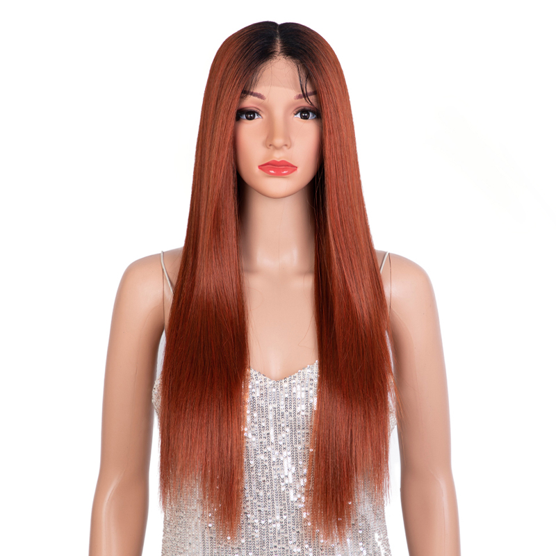 女性用合成レースフロントウィッグ、ロングストレートレッドウィッグ、28インチ