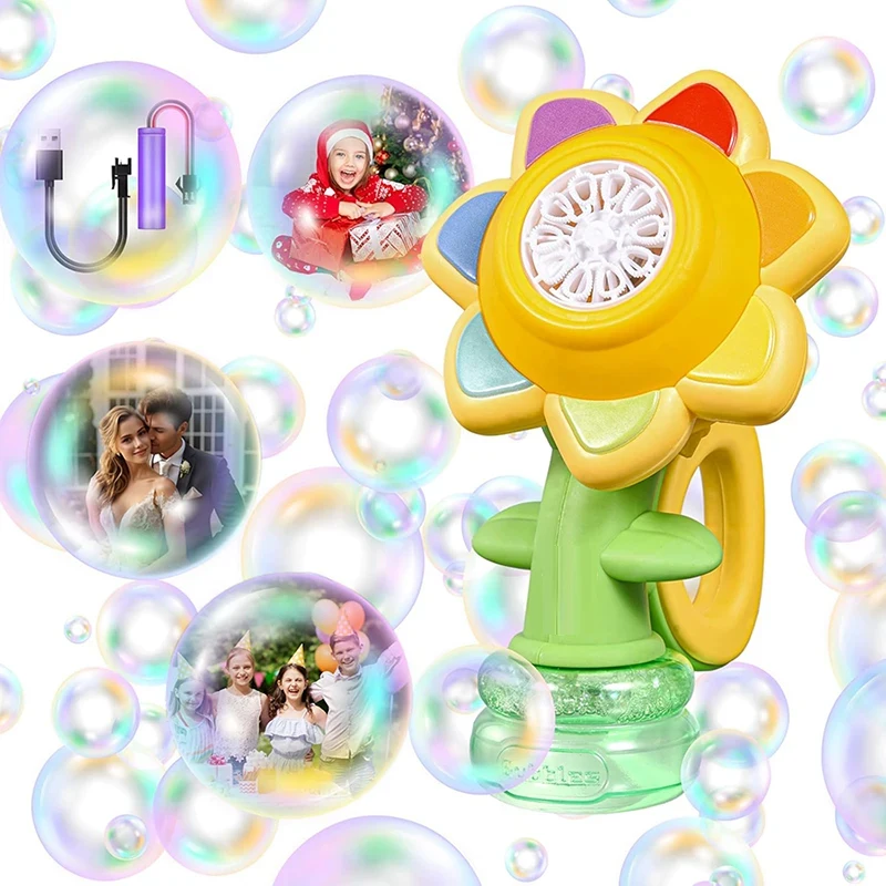 Macchina per bolle di girasole per bambini Giocattolo automatico per bolle di fiori con luce per i più piccoli Soffiatore per bolle per bambini Giocattoli da esterno