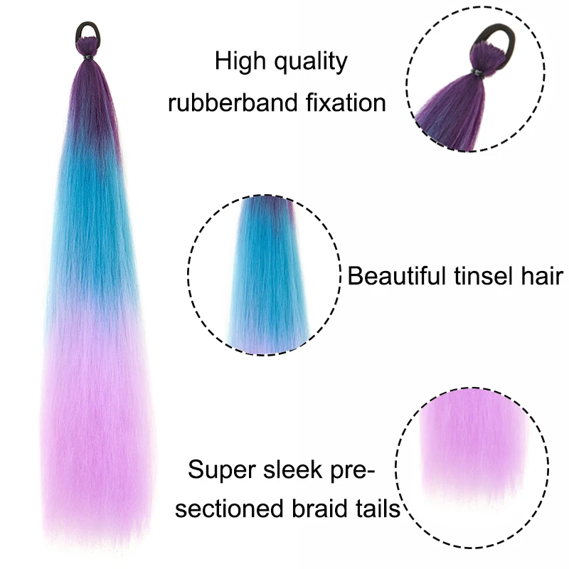 26 Polegada extensão de rabo de cavalo sintético com laço elástico faixa de cabelo longo yaki em linha reta colorido trança rabo de cavalo ombre cores