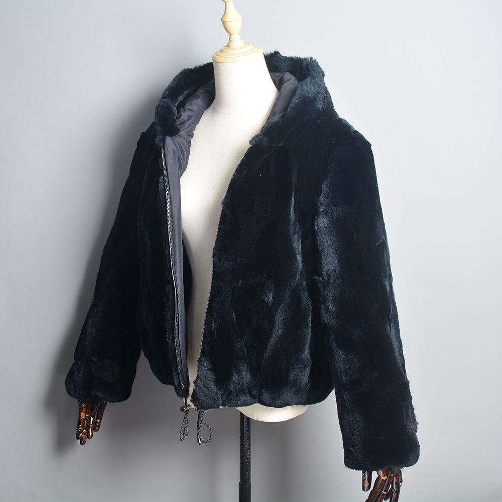 女性のための本物のレックスのウサギの毛皮のフード付きコート、暖かい冬のオーバーコート、100% 天然、本物の新しい、女性