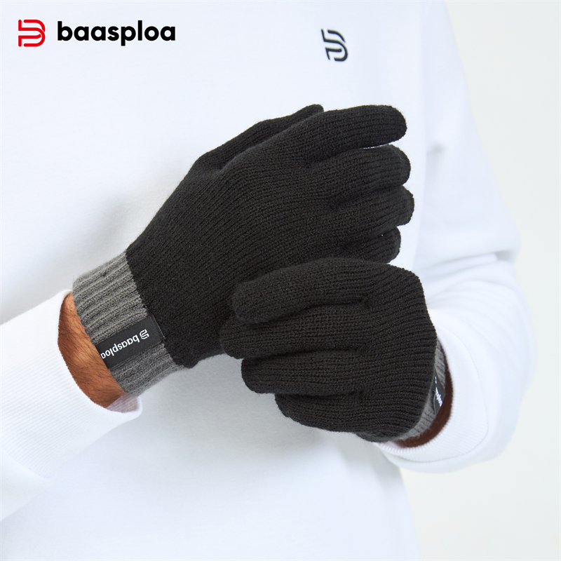 Baasploa New Men Knitted Gloves Autumn Fashion Solid Thicken Warm Full Fingered Gloves Female Casual Winter Stretch Plush Gloves
