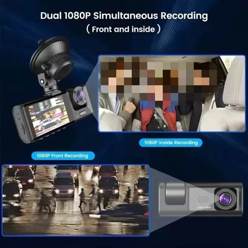 Dash Cam 1080P 3 Channel Car DVR with Night Vision Loop Recording IPS Screen Interior and Cabin Camera Recorder
