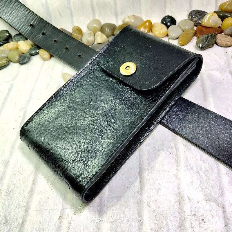 Bolsa de cintura de couro genuíno masculina, coldre multifuncional para dois celulares, bainha bolsa de cinto universal, 7003