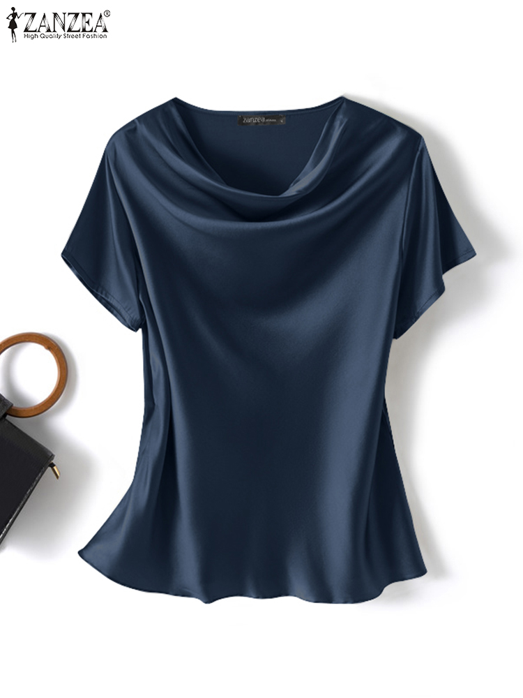 ZANZEA Sommer Mode Satin Bluse Frauen Kurzarm Solide Hemd Weibliche Casual OL Arbeit Tunika Tops Elegante Lose Blsuas Oversize