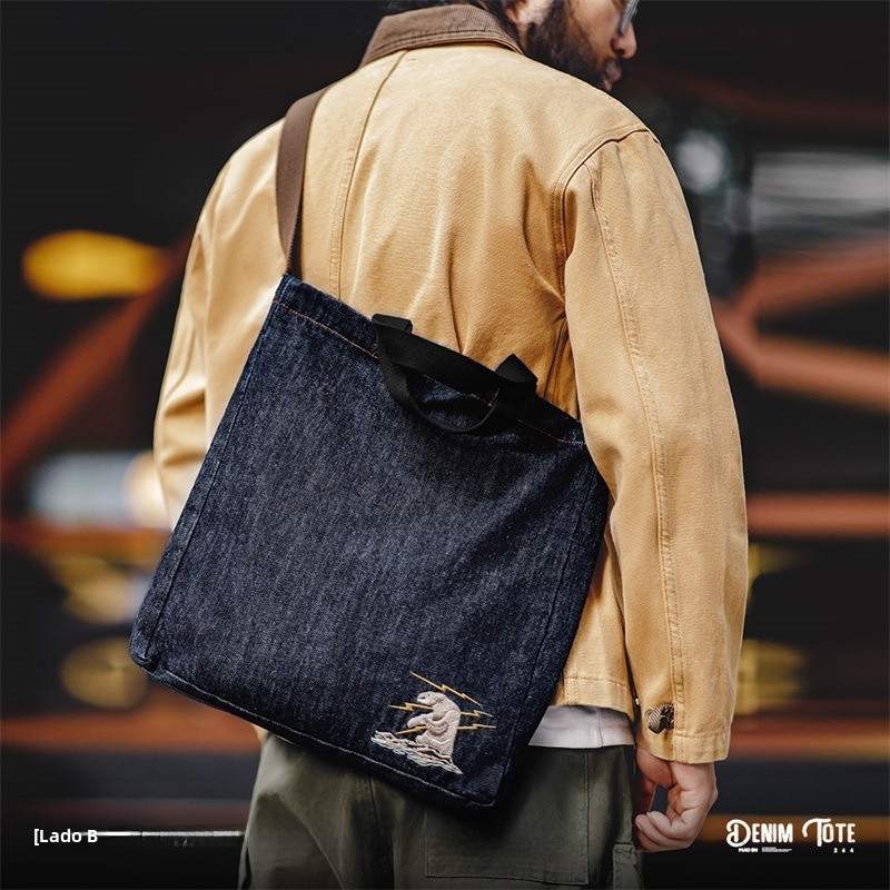 Bolsa Transversal de Ombro Único em Denim Retro Americano Madden Workwear, ande Capacidade, Bordada, Bolsa de Mão para Tabl...