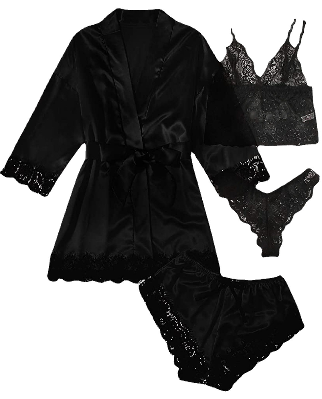 Novos conjuntos de pijama feminino para dormir, conjunto europeu americano de 4 peças com suspensório de cetim de renda, conjunto de verão para dormir