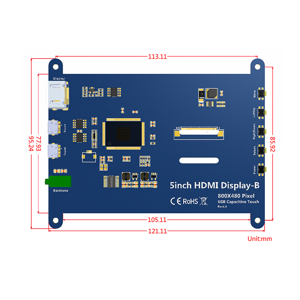 EQV 5 Zoll tragbarer Monitor HDMI 800 x 480 kapazitives Touchscreen-LCD-Display für Raspberry Pi 4 3B+/PC/Banana Pi