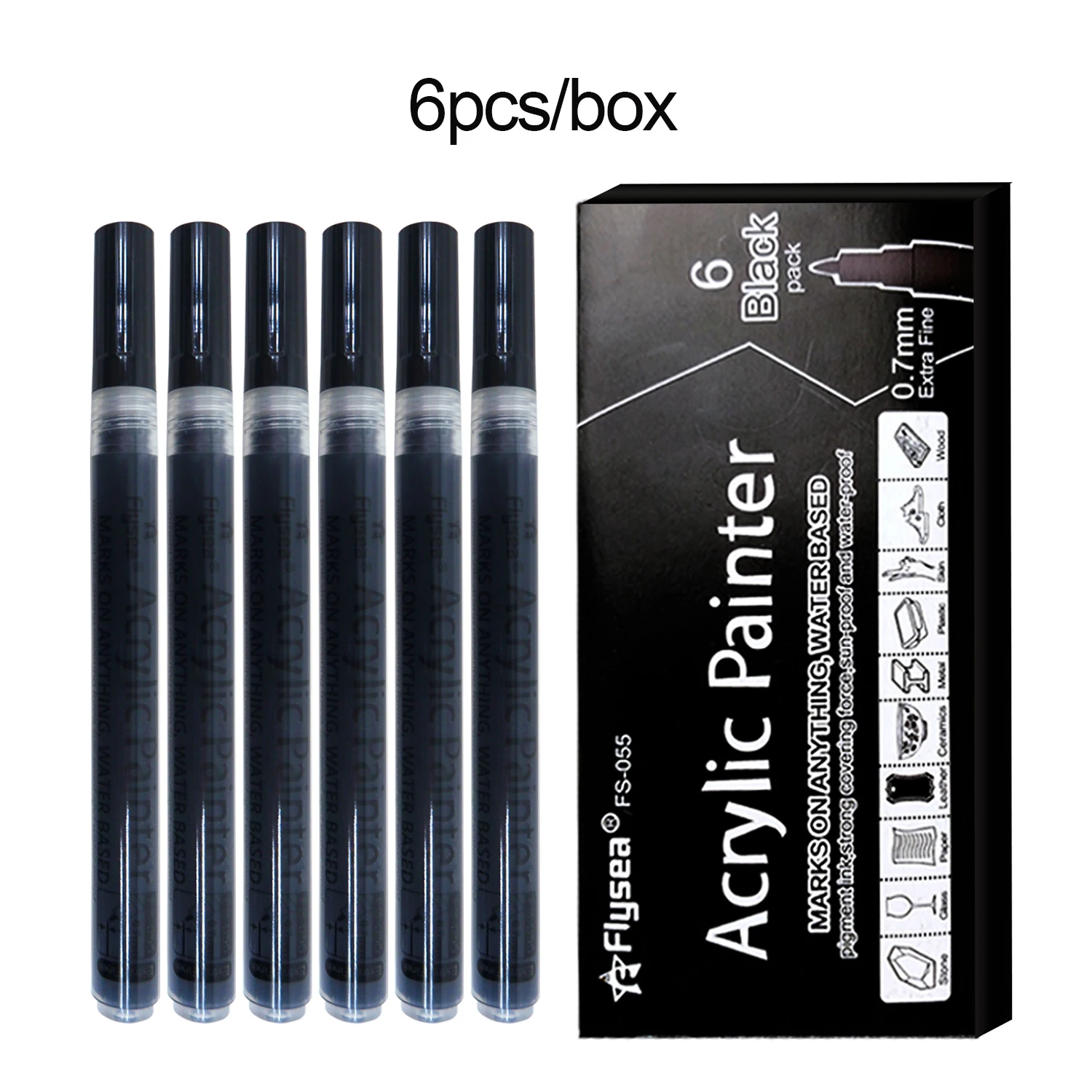 6 teile/satz schwarzer Acrylfarben stift für Felsmalerei, Stein, Keramik, Glas, Holz, Reifen, Stoff Metall, Leinwand