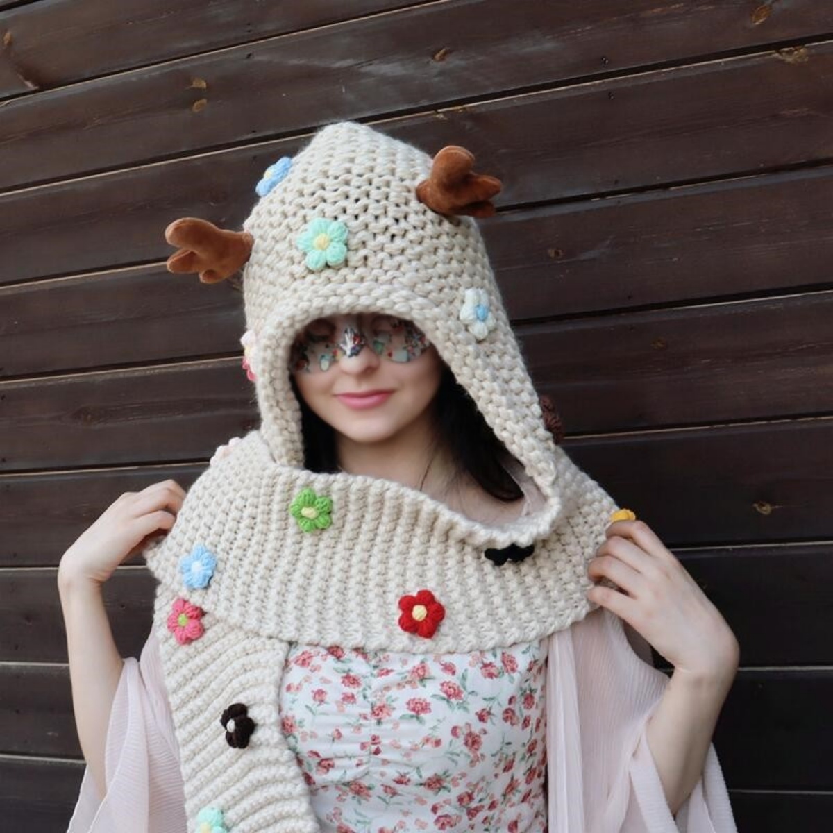 Damen-Schal, einteilige Mütze, handgefertigt, gehäkelt, bunte Blumen-Strickmütze, Herbst und Winter, dicker warmer Schal, süß und vielseitig