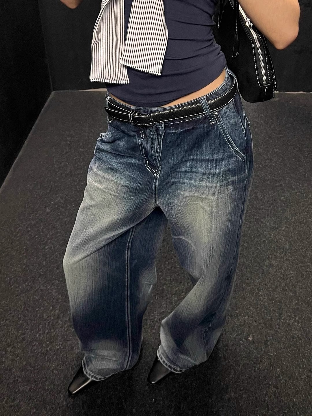 WCFCX STUDIO Vintage-Jeans mit weitem Bein, lockere Passform, hoch taillierte, schlankmachende, lässige, lange Hose mit geradem Bein