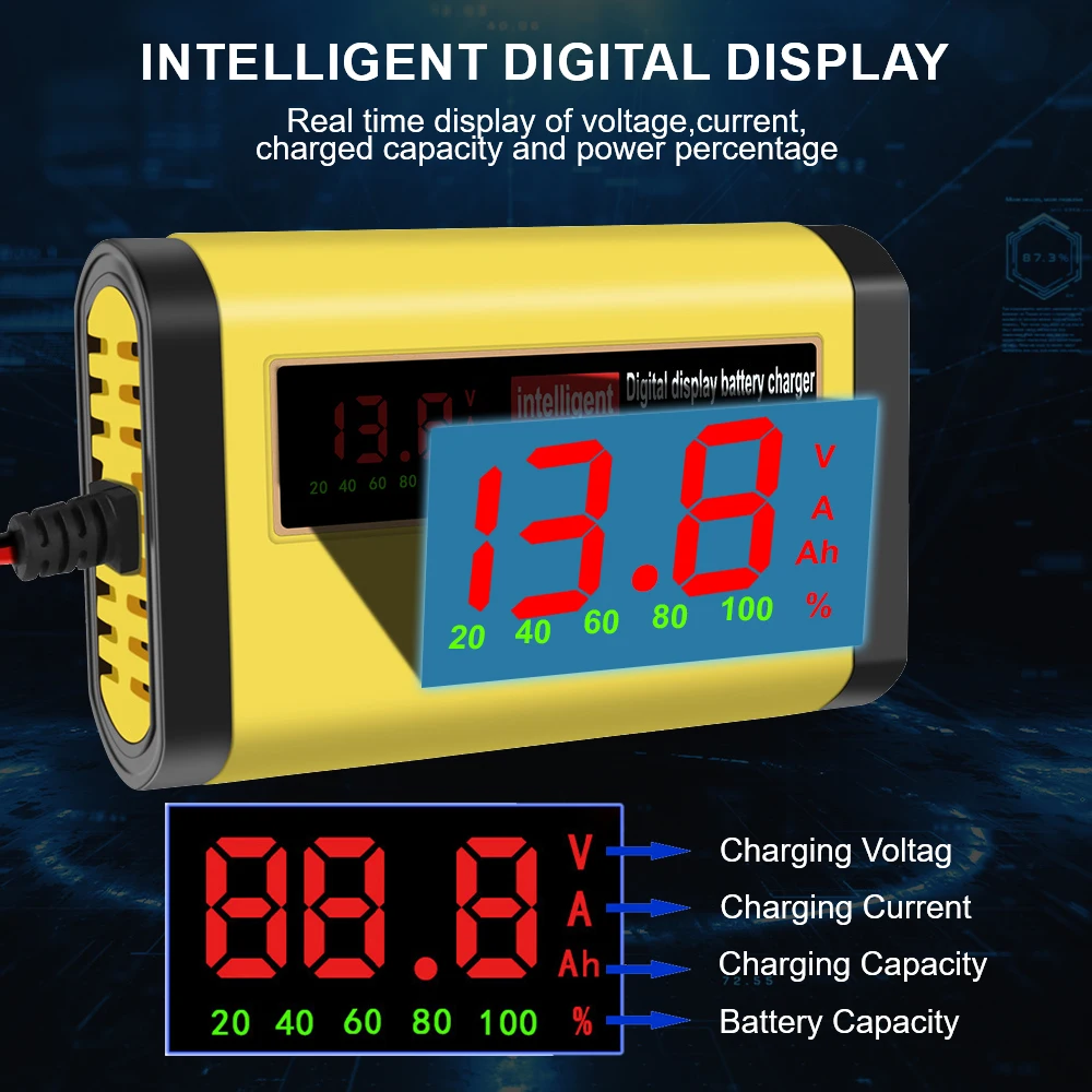 Carregadores de bateria automotiva 2a 12v, 3 estágios, reparo de pulso inteligente, manutenção de bateria de carro, armazenamento, dispositivo de carregamento de célula digital