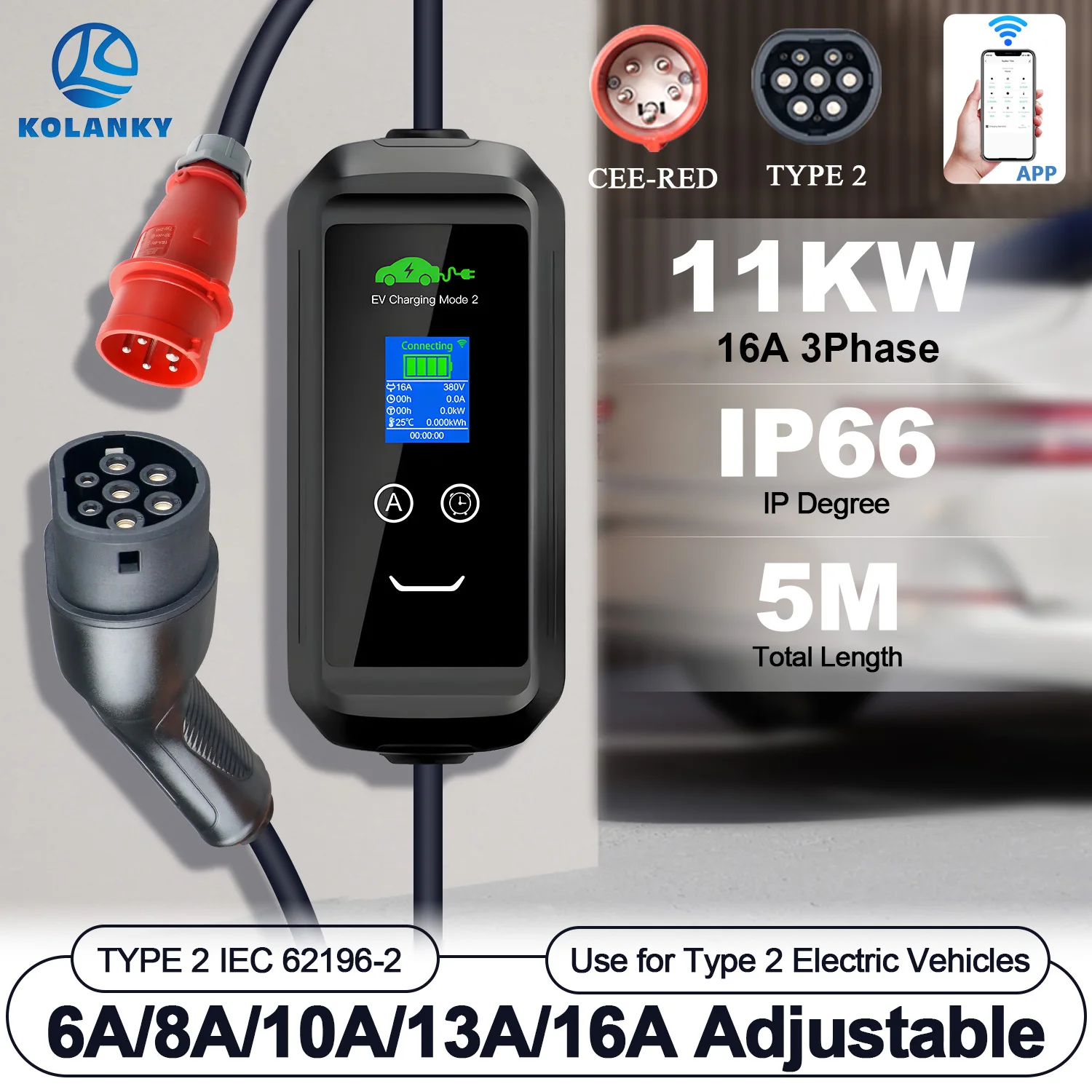Kolanky portátil ev carregador 16a 3p 11kw tipo 2 wallbox tuya app tempo de atraso conjunto tempo carregamento para veículos elétricos carros híbridos 5m