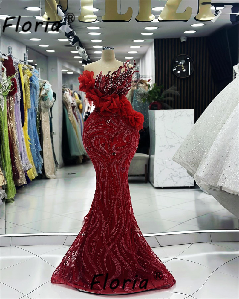 Vestido de noite frisado babados com apliques 3D, Vestido de casamento luxuoso, Vestido de noiva vermelho brilhante, 2024