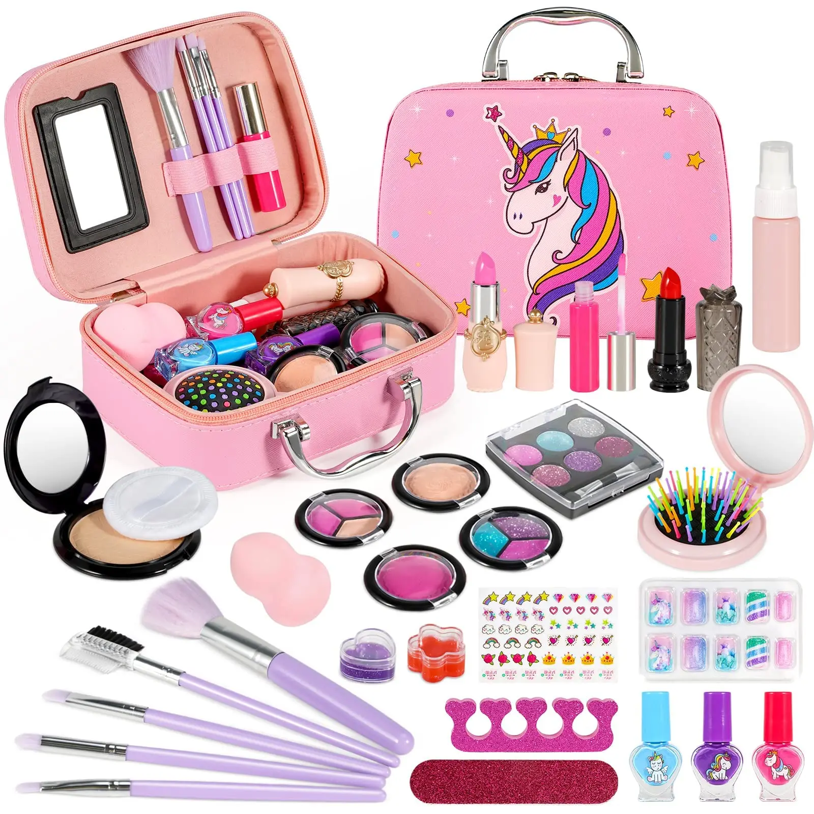 Set trucco per bambini per ragazze, set cosmetico lavabile da 27 pezzi con astuccio per bambini, giocattolo per giochi di ruolo e regalo
