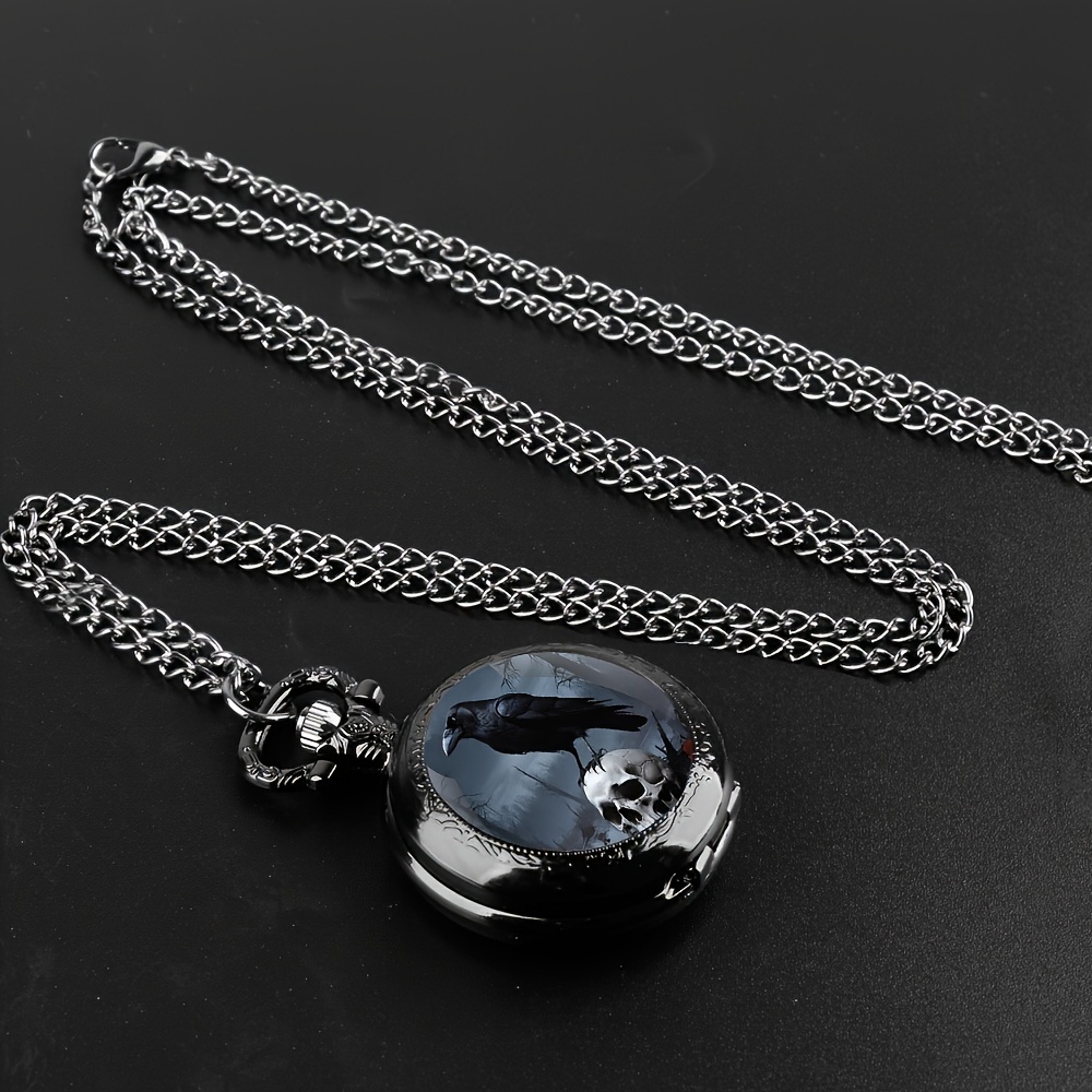 Vintage Gothic Crow & Skull Pattern Design,with Black Chain, Quartz Movement, Mini Size Retro Pocket for Halloween Gift