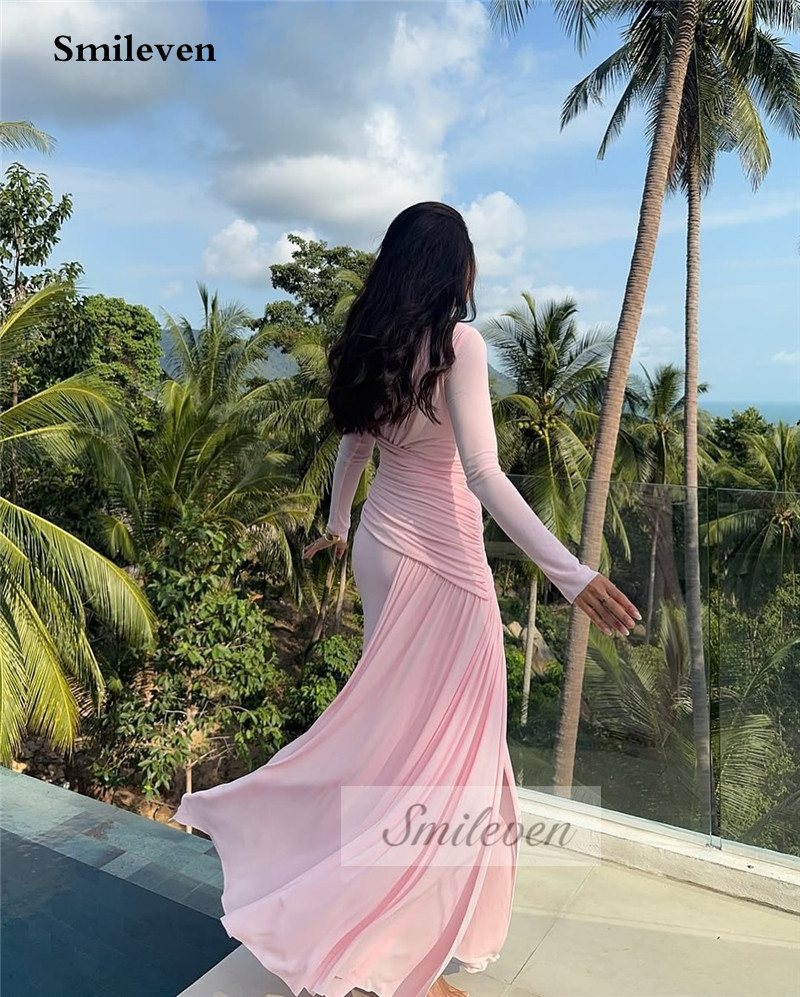 Smileven Crepe Abendkleid Rosa Langarm Schlank Prom Party Kleider Elegante Einfache Maxi Prom Kleider 2025, Angepasst
