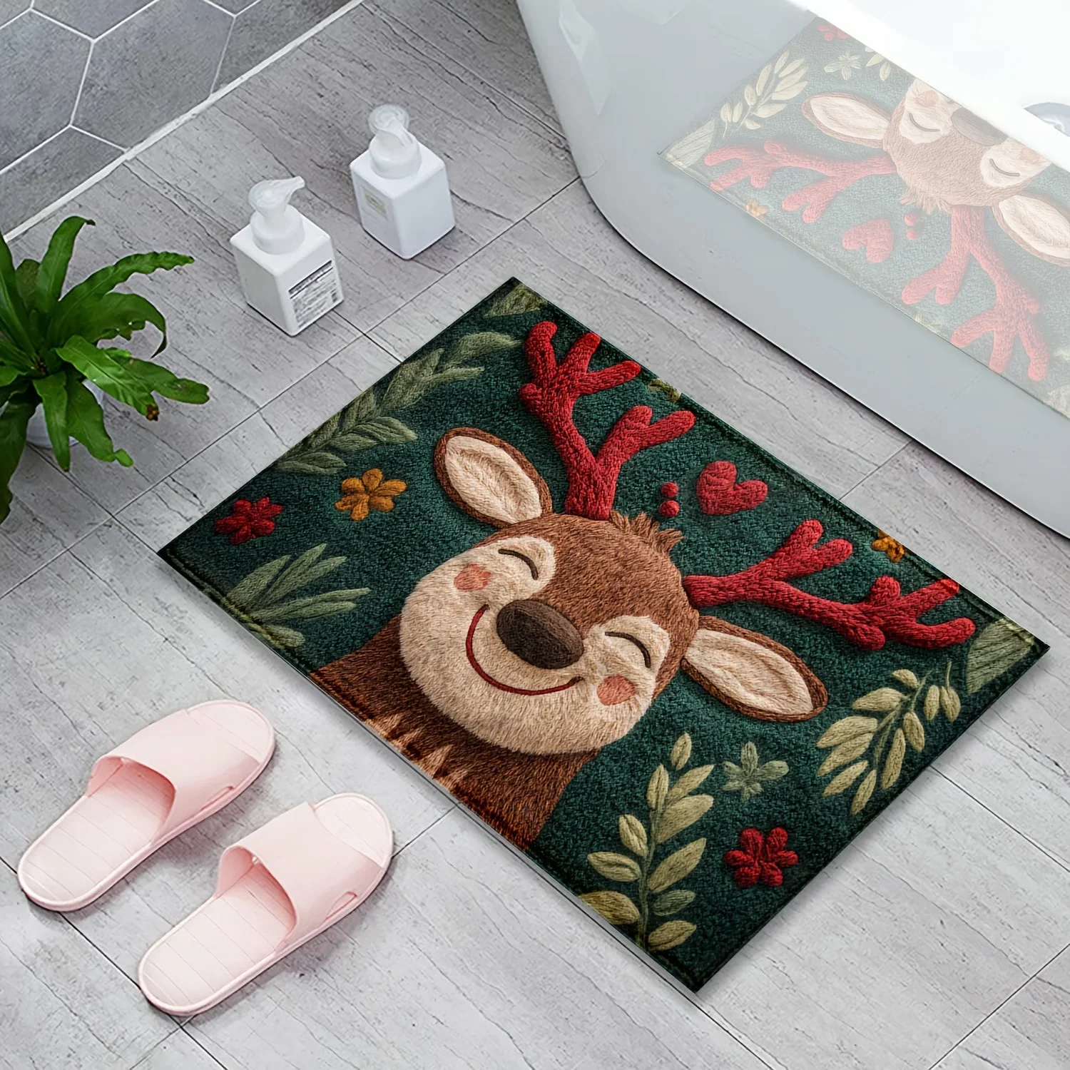 1 tappetino da bagno soffice in microfibra con cervo natalizio, ad asciugatura rapida e assorbente, design festivo con bacche rosse e foglie verdi
