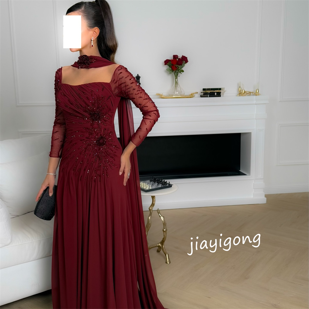 Maßgeschneiderte, exquisite Chiffon-Falten-A-Linie mit quadratischem Ausschnitt, lange Kleider, maßgeschneiderter Anlass, Party, eleganter, moderner Stil