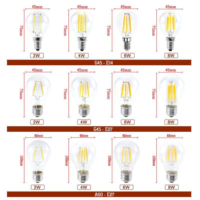 1-12pcs G45 Globe Light Bulbs A60 Glass LED Filament E27 E14 Screw Base AC 220V Retro Decorative 2W 4W 6W 8W Edison Bulb