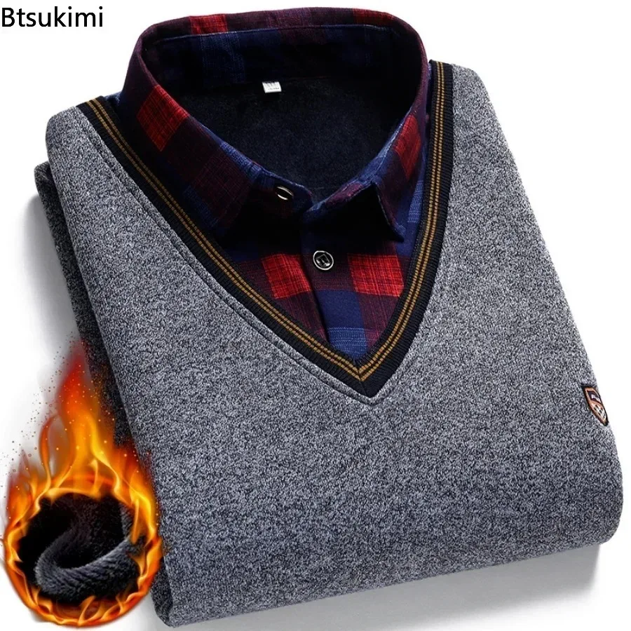 เสื้อสเวตเตอร์คอปกเชิ้ตสำหรับผู้ชาย, เสื้อสเวตเตอร์คอปกันหนาวสีพื้นหนาขนแกะอบอุ่นใส่ได้หลายโอกาส2024ใหม่ฤดูใบไม้ร่วงฤดูหนาว