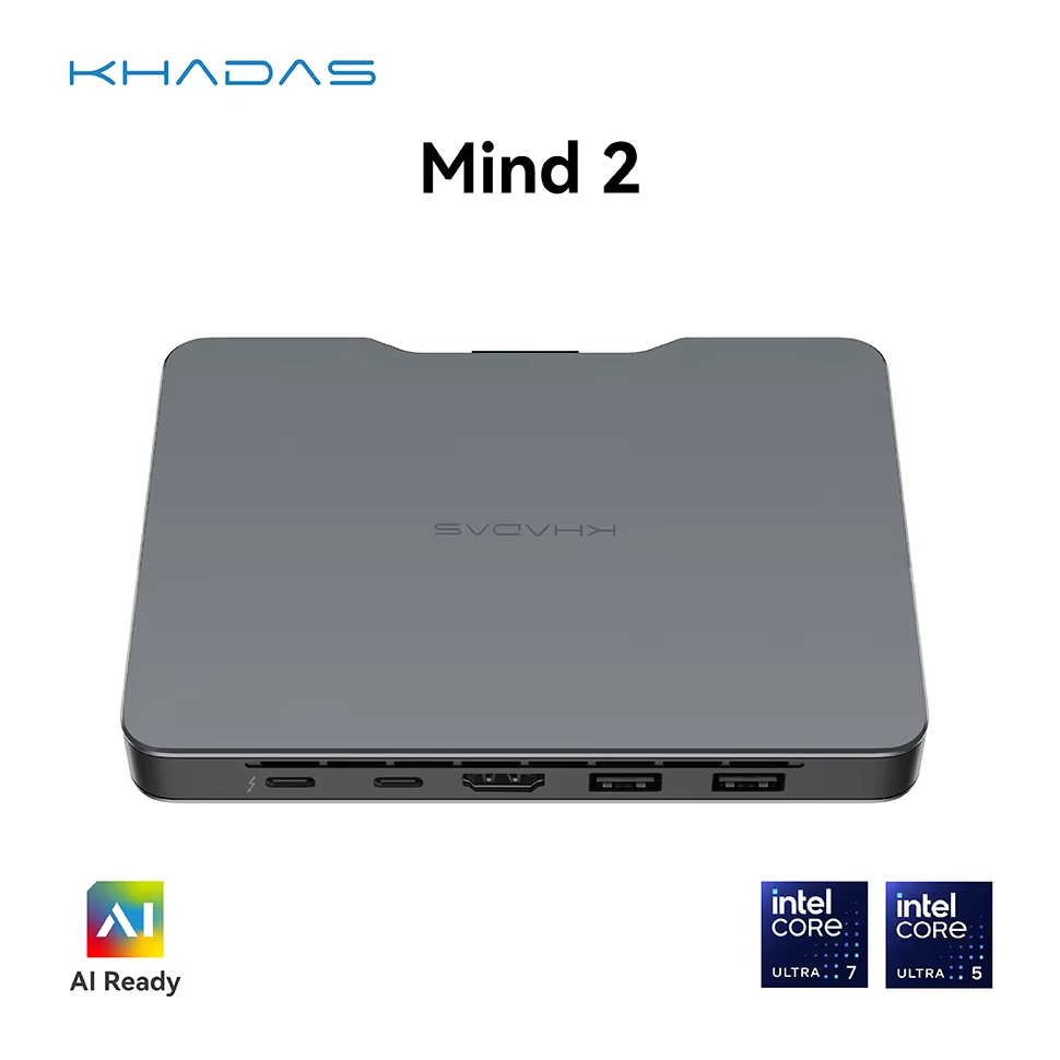 Khadas Mind 2 AI PC Mini-Gaming-PC Intel Core Ultra 7 155H 16C/22T Intel Arc ™   GPU 64 GB RAM 2 TB SSD, Thunderbolt 4, Triple Display