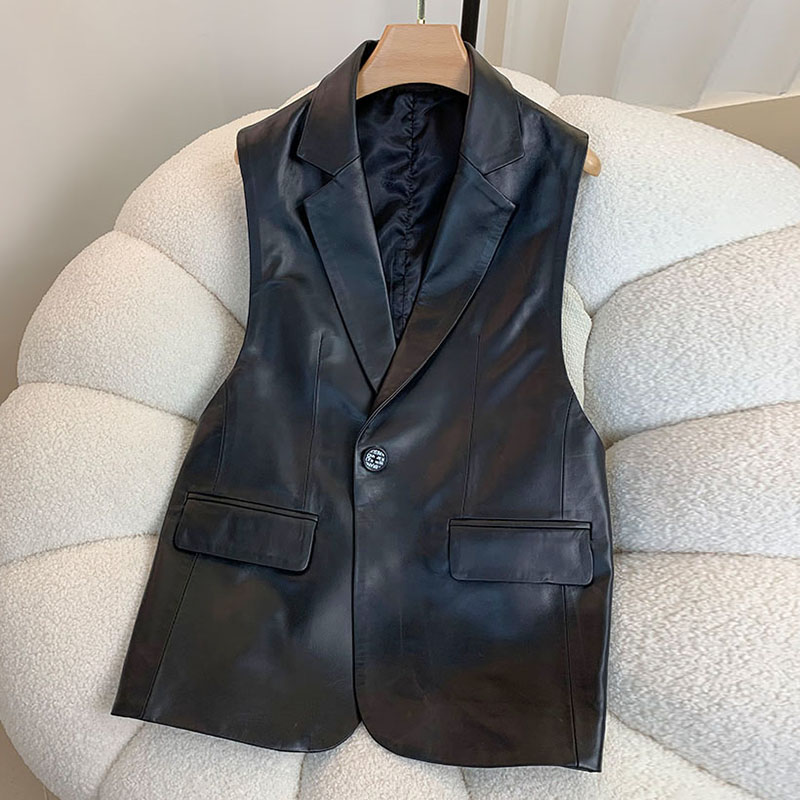 Veste en cuir de fibre de mouton véritable pour femme, col trempé, un bouton, gilet polyvalent, mi-long, mode, Y