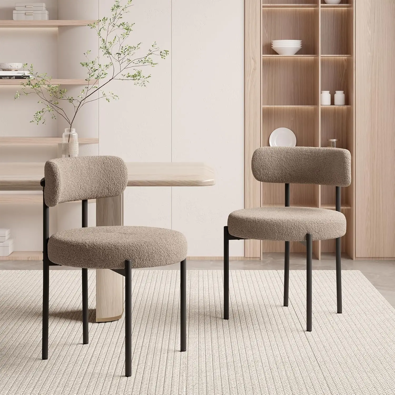 Runde Boucle-Stühle aus Teddystoff·Mid-Century gepolsterte Küchenstühle·Esszimmerstühle mit Metalllegene·Grau