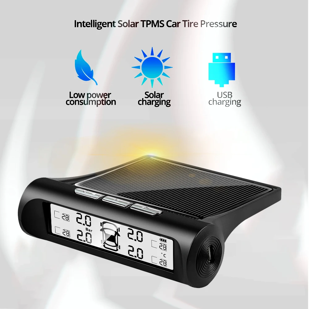 Smart Tpms Car Tire Pressure Security Alarm Monitor System 4 Sensors Display Solar Intelligent Tyre Pressure Temperature Warning